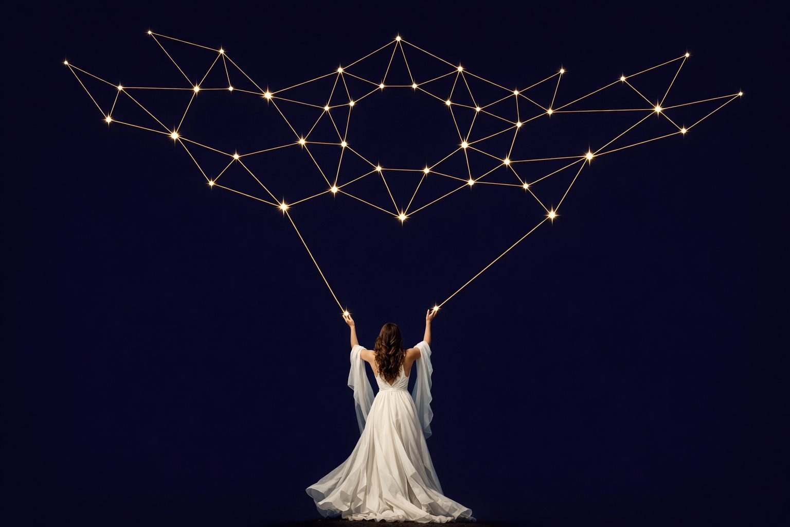 A woman in white, arms raised, drawing a constellation of golden stars